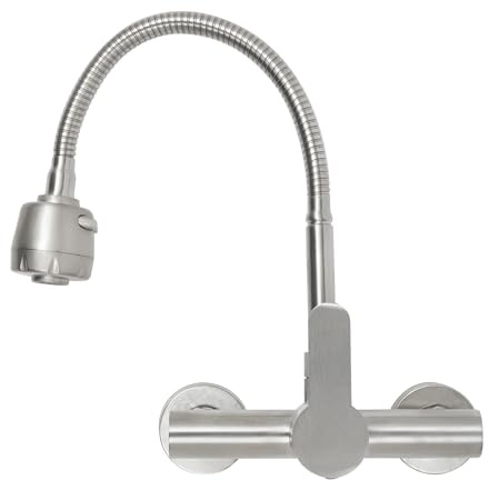TONFEION Grifo de pared, grifo de cocina giratorio 360°, columna de agua/ducha 2 en 1, grifo de pared de acero inoxidable, extensible para instalación de 2 agujeros