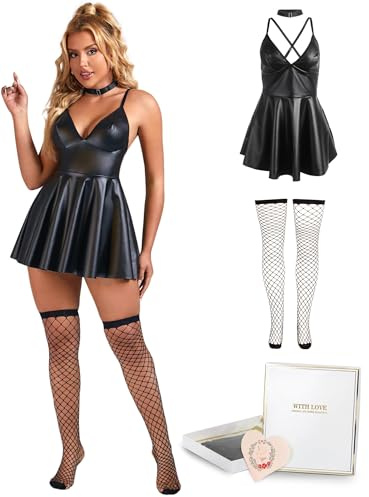 Ohmydear Lederkleid Damen Sexy Kurz Babydoll Kleid Dessous | Große Größen, Unterwäsche Kunstleder, Curvy Wetlook Kleider, A-Linie Minikleid Partykleid, Reizwäsche für Mollige Frauen