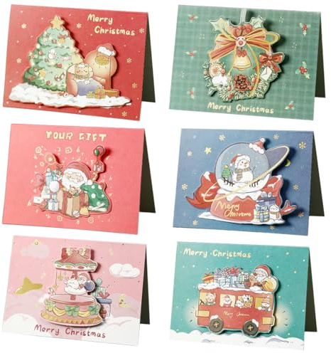 GNHG 6 Piezas Tarjetas Navidad 3D,Christmas Cards Postales Navidad Con Sobres Pegatinas,Plegables Tarjetas Navideñas De Mensaje Postales,Felicitaciones Navideñas Para Saludos Familia y Amigos