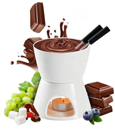 CogitMin Set à Fondue Au Chocolat,Service à Fondue en Céramique Compatible Lave-Vaisselle,Comprend 2 Fourchettes et Un Petit Chandelier,Convient pour Les Repas en Famille, Fromage, Chocolat
