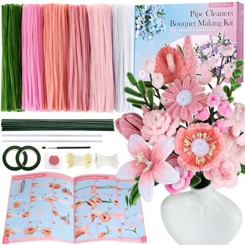 Funtopia 540 Limpiapipas Manualidades 6 Colores Surtidos, Kit Flores con Tallos de Chenilla, Estambres, Alambre Floral y Cinta - Incluye Guía de 15 Diseños para Ramos DIY y Decoración