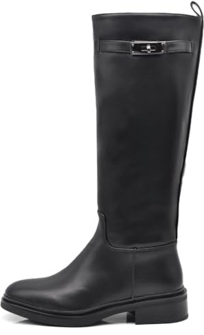 IF Stivali Alti da Donna Tipo Cavallerizza da Equitazione con Tacco Basso Decorati con Fibbia e Cinghia GA052 Nero N.38