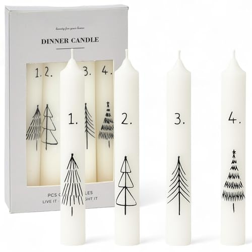 MIJOMA Adventskerzen Set 4er – Weihnachtskerzen mit Zahlen & Motiv – Stabkerzen für Adventssonntage – Ideal für Tischdeko & Kranz – 16 cm lang – Paraffin – Weihnachtsdeko (Weiß)