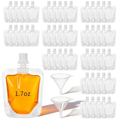 100 Pcs Plastic Drink Pouches Bulk, 1.7 oz Reusable Drink Pouches with Funnel, Leakproof Squeeze Juice Pouch for Travel, Clear Spouted Food Grade Drinking Bags for Liquid
