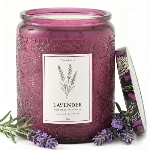 Zenith Gaia Bougie parfumée à la lavande - Moulée à la main en cire de soja naturelle - Parfum floral doux et floral de lavande pour la détente - Bougie aromatique végétalienne dans un pot en verre