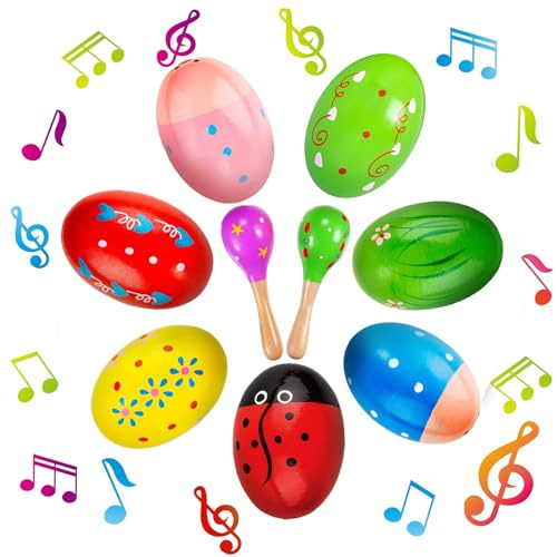 Ctxtqtdt 7 Rasseleier und 2 Maracas Holz, Ostereier aus Holz, Farbig Rassel Sand Hammer Ei Shakers Music Percussion Spielzeug, Ostern-Korb-Stuffers-Dekor Set für Ostern Geschenke Kinder (E)