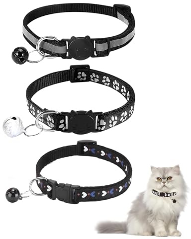 SOVYTH 3 Pezzi Collare Gatto Riflettente, Collari per Gatti Antistrozzo con Campanellino e Fibbia di Sicurezza, Stampa Zampa Carina 19-32cm Nero