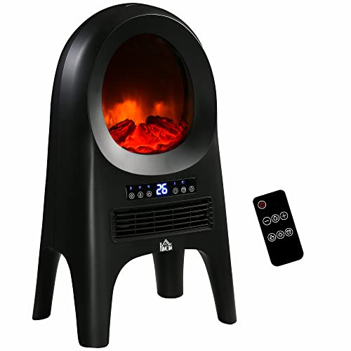 HOMCOM Camino Elettrico a 3 Modalità di Riscaldamento PTC 1000W/2000W, Caminetto Elettrico con Temperatura Regolabile, Timer, Spegnimento Automatico e Telecomando, 33.7x25.5x60.4 cm, Nero