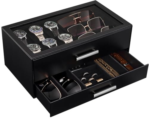 ProCase Uhrenbox Uhrenkoffer Schmuckorganizer für Herren, Schmuckaufbewahrung mit klarem Glasdeckel, 2 Ebenen Uhrenaufbewahrung für Uhren Brillen Ringe Armbänder - Schwarz