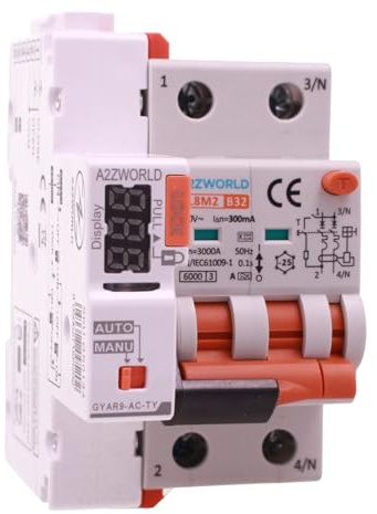 Interruttore Magnetotermico Differenziale WIFI Riarmo Automatico, RCBO Tipo A Curva B, Idn 300mA / 0.3A, In 16A, APP Tuya Smart Life, 2P Veri 6kA, 3 Moduli, Controllo Remote e Manuale