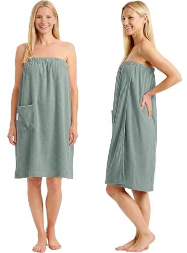 CalmySPA Toalla de Sauna Ligera de Rizo para Mujer, Toalla de Sauna de Algodón con Goma Elástica y Botón, Vestido de Sauna, Falda Escocesa (Jade)
