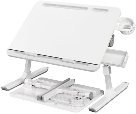 SONGMICS Table de Lit, Bureau Pliable, Plateau 56 x 40 cm, Inclinaison Continue à 120°, Hauteur Réglable, Porte-Gobelet, Support pour Ordinateur Portable, pour Lit, Canapé, Blanc LLD113WB01