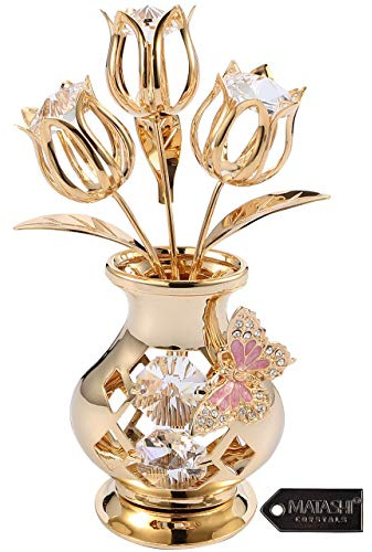 Matashi 24K Gold Plated Crystal Flower Figurine with Clear Crystals & Butterfly – Luxury Decorative Tulip Statue, Elegant Tabletop Home Décor, for Mother's Day, Valentine's Day, Christmas