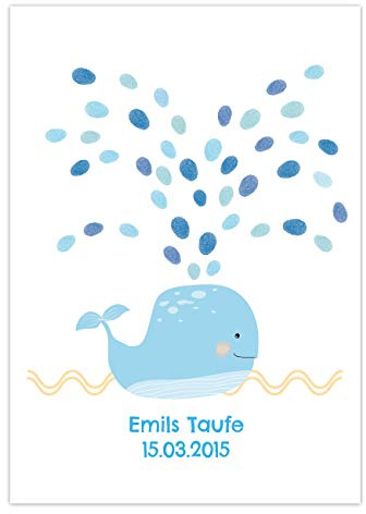 Papierdrachen Fingerabdruck Gästebuch für Jungen - DIN A4 Walfisch blau - personalisiert mit Namen, Datum und Taufspruch für Deine Taufe, Geburtstagsfeier und Babyparty - inklusive Stempelkissen