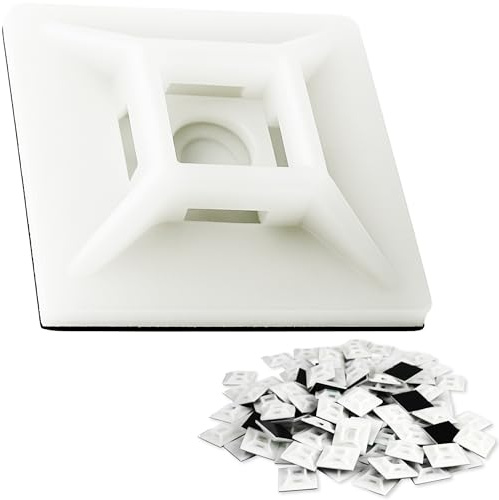 Large, Premium Zip Tie Adhesive-Backed Mounts 100 Pk by Phyxology Supply. Pro-Grade, UV White Cable Tie Bases: 1.1 in x 1.1 in. Screw-Hole Anchor Point Gives High-Strength Durability for Long-Term Use