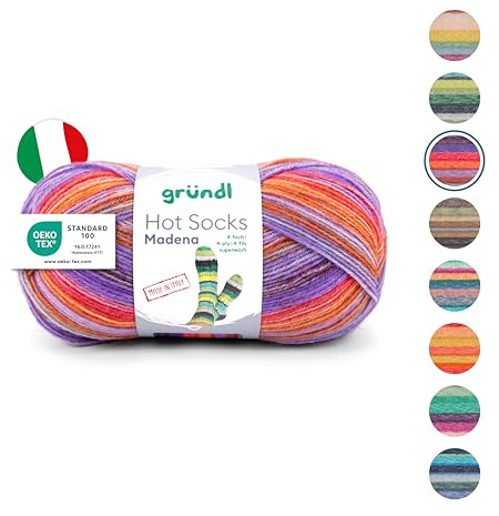 Gründl Wolle Hot Socks Madena 4-fach - Sockenwolle für 1 Paar Socken - Sockengarn - Weich und hautfreundlich - 75% Schurwolle, 25% Polyamid - 1 Knäuel 100 g / 420 m -Nadelstärke 2,5-3 - tutti-frutti