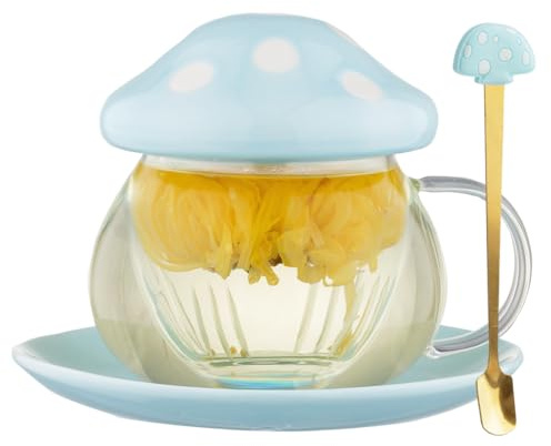 Söt tekopp i glas med infusionsenhet och sked, klar Kawaii tekanna med silfilter, keramiskt lock och underlägg, värmebeständig för hem- och kontorsbruk, 290 ml/9,8 oz (blå)