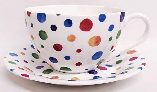 Polka Dot Painted Effect Breakfast Cup & Saucer Fine Bone China Retro Multi Colour Cappuccino Coffee Tea Cup Saucer Set Hand Decorated in UK