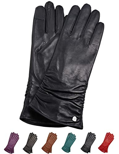 AKAROA ESTD 2019 Lederhandschuhe Damen BEA, Touchscreen Funktion, italienisches Leder, recyceltes Strickfutter aus 50% Kaschmir und 50% Wolle, 4 Größen S - XL