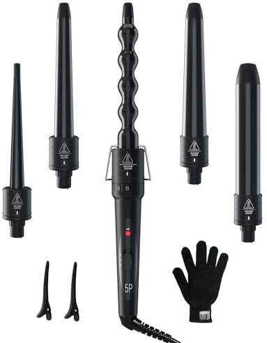 5 in 1 Lockenstab Set, Ohuhu Lockenstäbe 9 to 32 mm mit Verschiedenen Aufsätzen für Große und Kleine Locken, Handschuhe & 2 Clips, Einstellbare Temperatur, Keramikbeschichtung, Geschenke für Frauen