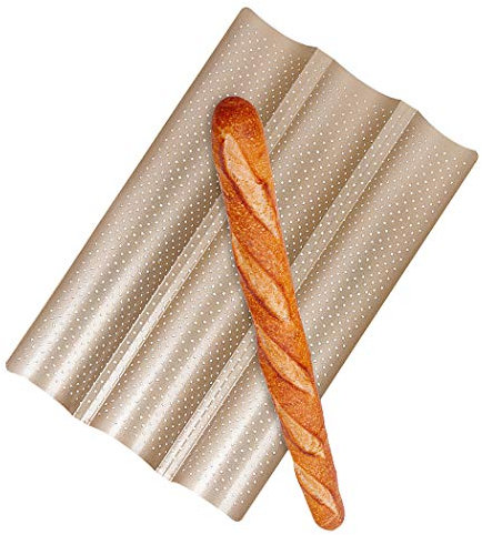 SIPLIV bandeja de baguette perforada antiadherente de 15 x 9,6 pulgadas para hornear pan francés molde para hornear pan de 3 ondas horno tostador, dorado