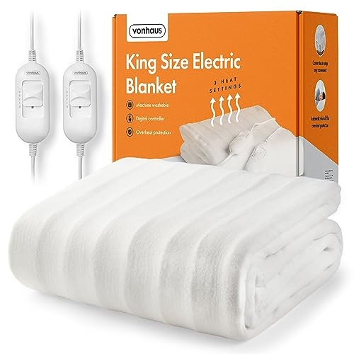 VonHaus Electric Blanket King, Heated Mattress Topper for King Size Bed, Heated Under Blanket Cover Sheet – Dual Controls, Corner Ties, 3 Heat Settings, Safety Shut Off, Machine Washable, 200 x 150cm