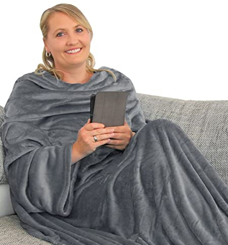 L.E.M.B. Hometrends Kuscheldecke mit Ärmeln TV Decke Sofadecke Ärmeldecke Wohndecke Fleecedecke Mikrofaser Strokkur 150 x 180 cm anthrazit