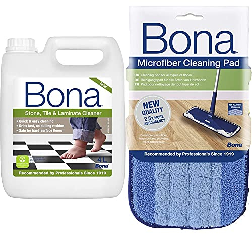 Bona Hard-Surface Floor Cleaner Liquid Refill - 4 Litre Refill Bottle & CA101020 Microfibre Cleaning Pad Replacement Mop, Blue, 1 Count (Pack of 1)