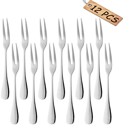 Comicfs 12-Piece Stainless Steel Forks, 5.3 Inches, Seafood Crab Forks Escargot Fork 2 Prong Tasting Appetizer Fork Dessert Cocktail Salad Fruit Fork for Party Travel (Silver)