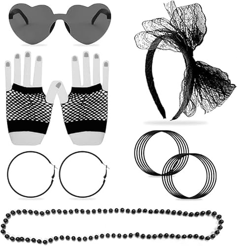 15-teiliges 80er-Jahre-Kleidungszubehör, Make-up-Set, Spitzen-Haar-Accessoires, Neon-Halsketten, Vintage-Ohrringe, Fischnetz-Handschuhe, buntes Silikon-Armband, Herz-Brille, 80er-Jahre-Retro-Party,