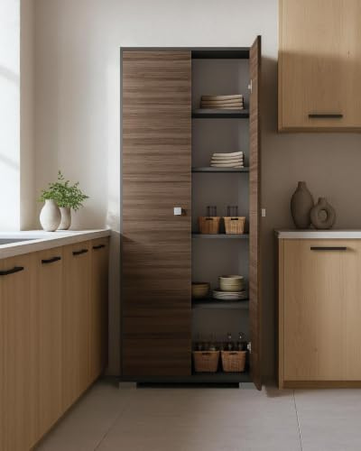 DOOMOSTORE LOVING YOUR HOME Armadio multiuso Clara 2 ante - Mobile contenitore dispensa salvaspazio - Ante in color noce e struttura antracite - 5 ripiani interni - 75x180x35 cm_