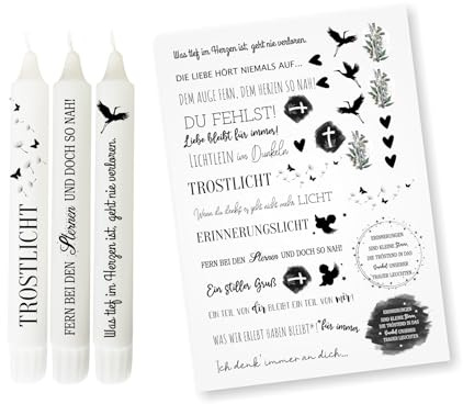 Kerzen Tattoofolie Trauer DIN A4 – Wasserschiebefolie mit Kerzen Sprüchen – Trauerlicht, Gedenklicht & Erinnerungslicht selbst gestalten – Trostkerze für weiße Stabkerzen & Keramik