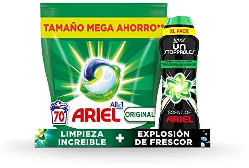 ARIEL PODS Todo en 1 Detergente Lavadora Liquido en Capsulas, 70 Lavados, Jabon + Lenor Unstoppables Fresh Perlas Impulsoras De Fragancia Ariel 510g