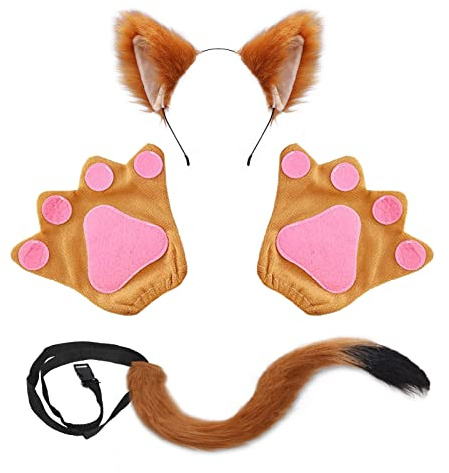 TSHAOUN 4 Stück Faschingskostüm, Fuchsohren Cosplay Set Fuchs Ohren Stirnband Fuchsschwanz Pfoten Handschuhe für Halloween Fasching Karneval Party
