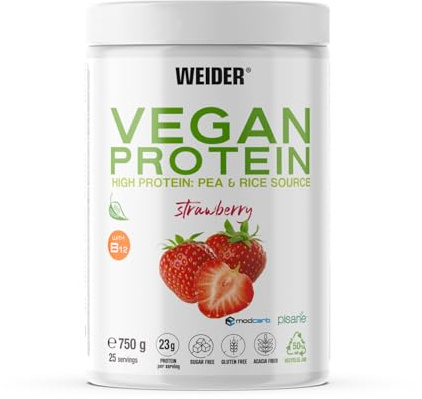 Weider Vegan Protein (750g) Goût Fraise. Protéines 100% Vegetal 23g/dose, Pois (Isolat Pisane) & Riz. Avec Vitamine B12 & Stevia. Sans Gluten, Sans Sucre. Emballage 50% Recyclé, 100% Recyclable