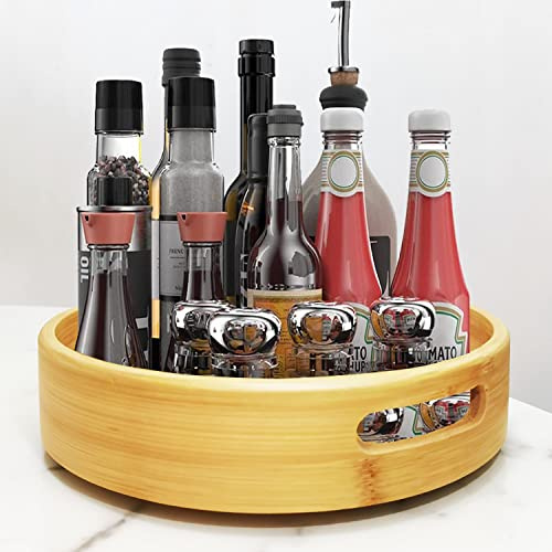PIGPIGFLY Küchen Organizer, Drehteller Organizer Küche, 360 Grad Rotierender Vorratsbehälter Für Lebensmittel Especias y,Gewürzhalter aus Naturbambus, Lazy Susan 35cm
