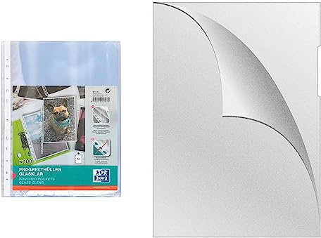 Oxford Prospekthülle A4, glasklar, 100 Stück & Q-Connect KF11193 Aktenhüllen vom Typ L Din A4 Genarbt Erweitert/ 50 Stück/Farbe: Transparent/PP Hartfolie 100 μm/Seitlich Offen Stabil Sichthüllen