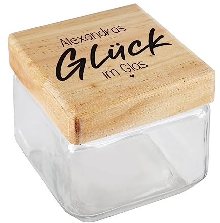 Herz & Heim® Vorratsglas mit Holzdeckel inkl. individuellem Aufdruck Glück im Glas, 11 cm x 11 cm x 11 cm (B/T/H)
