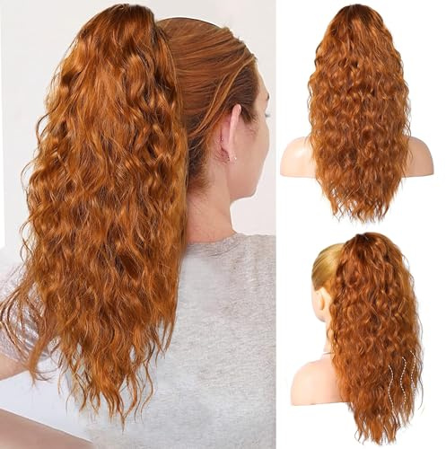 PORSMEER Pferdeschwanz Haarteil Ponytail Extensions Orange Strähnchen mit klammer 45cm Lange Gewellte Lockige Haarverlängerung Zopf Clip in Klaue Natürlich Kunsthaar Haarteil für Frauen