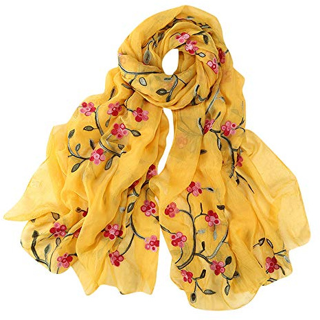 Écharpe pour femme - Automne - Fleurs en soie - Foulard long avec motif floral - Broderie douillette - Longue écharpe à paillettes élégante - Écharpe tube d'été en soie - Pour toute l'année, jaune,