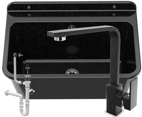 GRANITAN Lavandino da Esterno Moderno per Garage e Lavanderia - Lavatoio per Installazione Interna ed Esterna - Pilozzo da Esterno Giardino - 61x41x30 cm - Nero (Miscelatore per Lavabo)