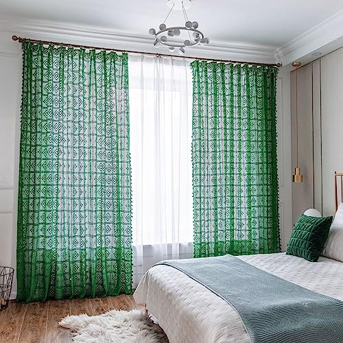 KnSam Halbtransparent Voile Vorhang mit Kräuselband Grün, Einfarbig Rhombisch Voile Vorhangschals aus Baumwolle, 300x260CM(BxH)