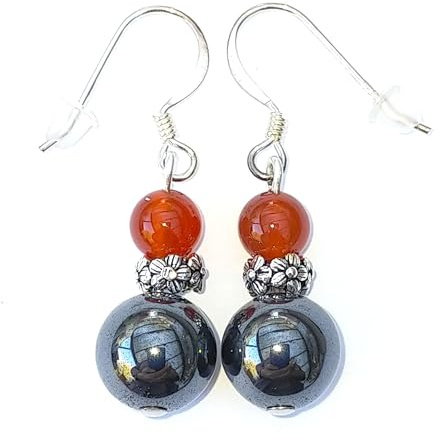 Boucles d’Oreilles Pendantes en Argent 925, Hématite et Pierres Véritables. Petites Fleurs en Argent 925 Vieilli et Pistons de Sécurité Offerts (CORNALINE)