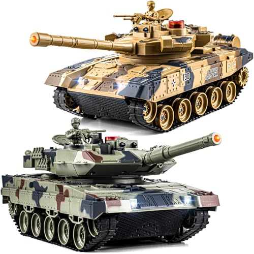 Supdex 1/24 RC Battle Tank Set, Remote Control Russian T90 and German Leopard II Tank Model that Shoots, 2.4Ghz Army Toy for Boys 6+ Year Old with Smoke, Sound Effects and Lights