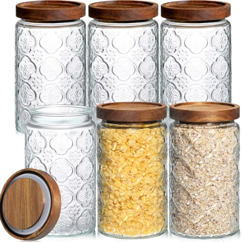 Domensi 6 Stück Vintage-Glasdosen mit Deckel, Begonien-Muster, luftdichte Vorratsdosen für Küchentheke, Speisekammer, Kaffeebohnen, Getreide, Tee, Zucker, Mehl, Süßigkeiten, Hafer