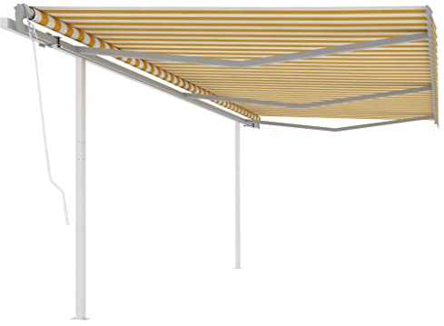 Balkon überdachung Türüberdachung Regenschutz Balkon Gelenkarmmarkise Automatisch mit Pfosten 6x3 m Gelb und WeißGeeignet für Haustür,Balkon, Pavillion