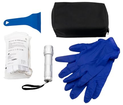 Kit Emergenza Auto, moto, viaggio. Compatto: Pochette nera, Pronto Soccorso, Raschietto, Guanti, Torcia LED - Preparati per ogni emergenza, pratico e sicuro. Da avere sempre con te.