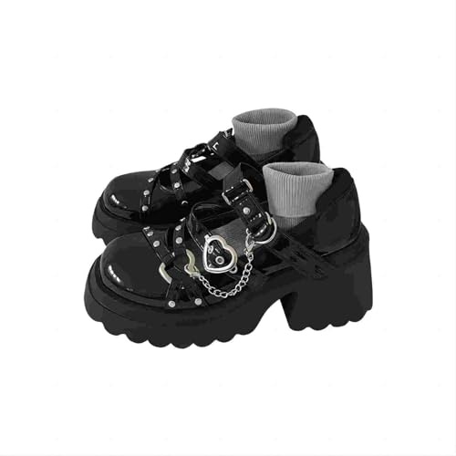 Punk Fashion Black Chain Heart Buckle Female Lolita Cute Mary Janes Pumps Platform Wedges High Heels Women's Sweet Gothic Punk Shoes, black, 7 UK