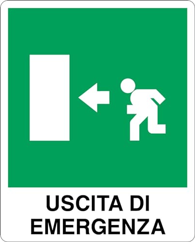 GLOBAL CARTELLO SEGNALETICO - USCITA DI EMERGENZA A SINISTRA - Adesivo Extra Resistente, Pannello in Forex, Pannello In Alluminio (10x15 cm, Alluminio)