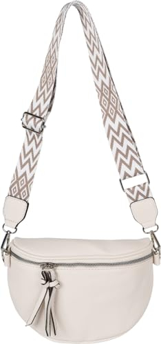 styleBREAKER Damen Halbmond Crossbody Schultertaschen Einfarbig, verstellbarer Schultergurt mit Zick-Zack Rauten Muster 02012401, Farbe:Creme-Beige